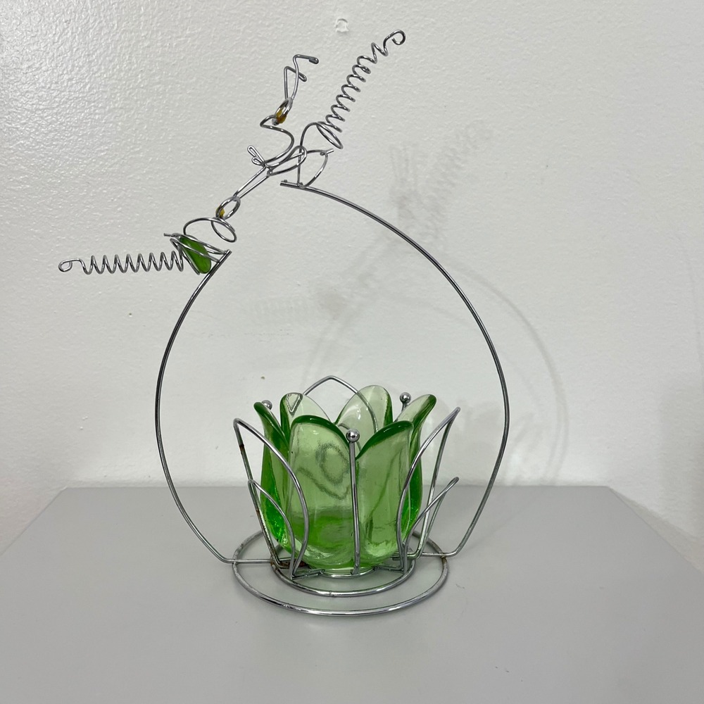 Wire Praying mantis Candle Holder Green Silver Tulip Glass Whimsical Decor